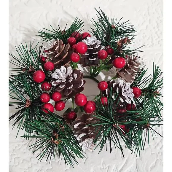 Christmas Candle Ring Faux Wreath Pinecone Red Berries Ralph Lauren Christmas - Picture 4 of 8